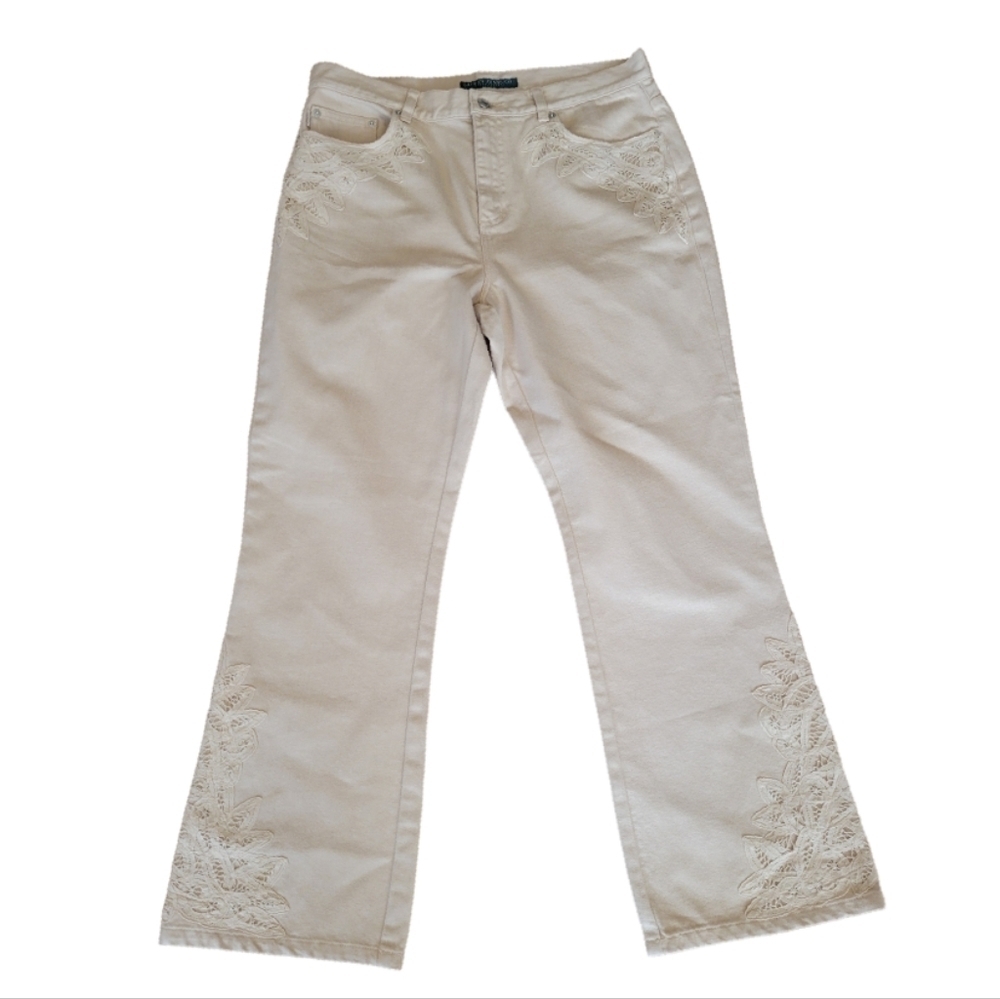 Vintage Y2K Lauren by Ralph Lauren Tan Lace Inset Jeans Size 12P - Picture 2 of 6